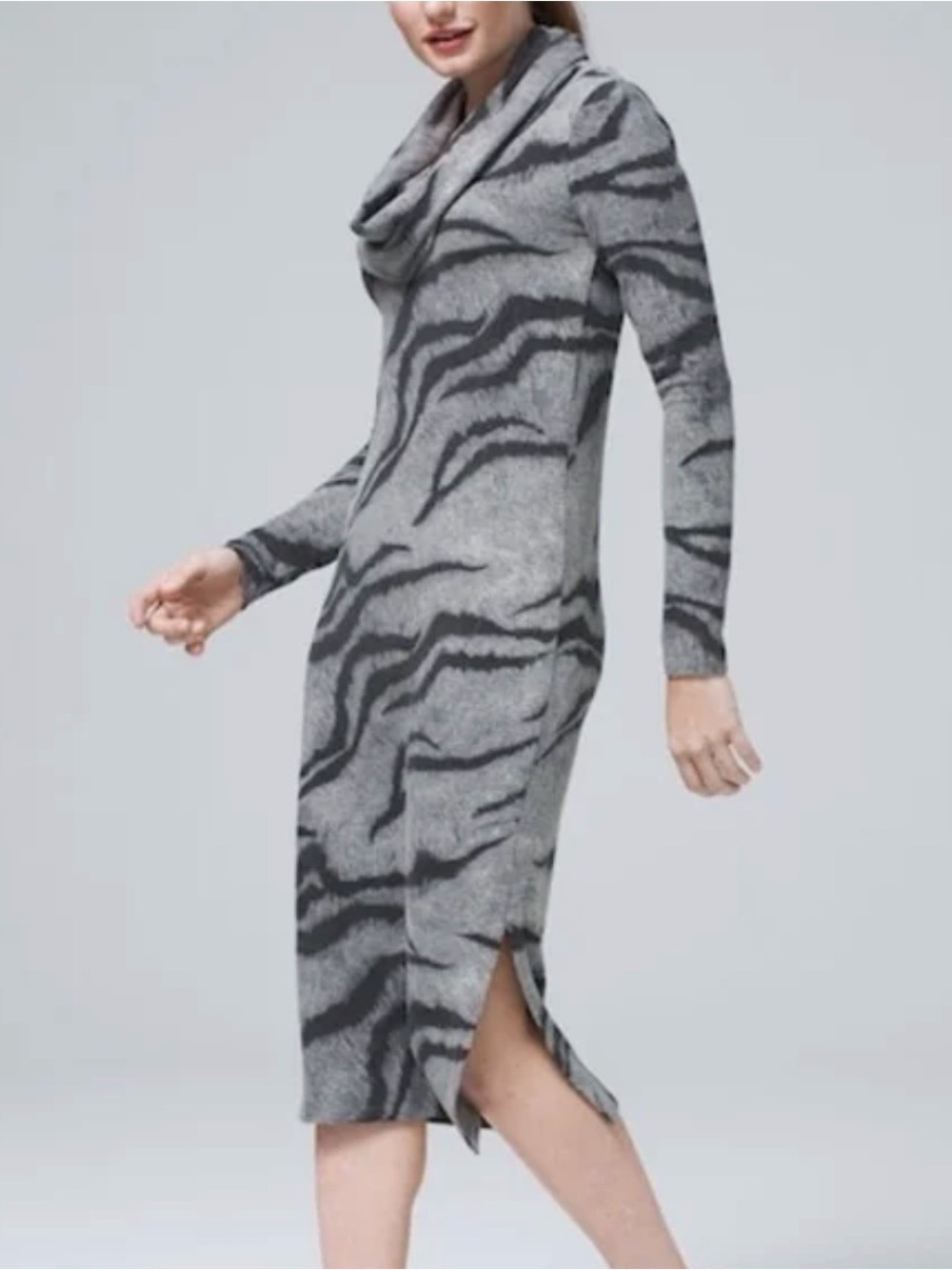 White House Black Market Gray Zebra-Print Hooded Long-Sleeve Dress